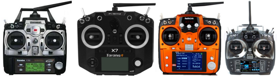 Radio examples including the popular Futaba T7G and Taranis QX7.